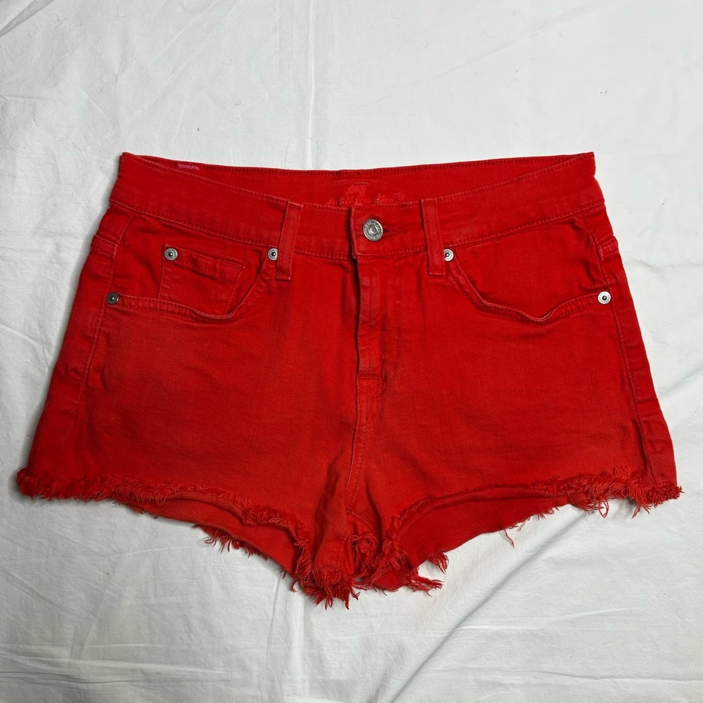 7 For All Mankind- Vibrant Red Cutt Off Jean Shorts 98% Cotton